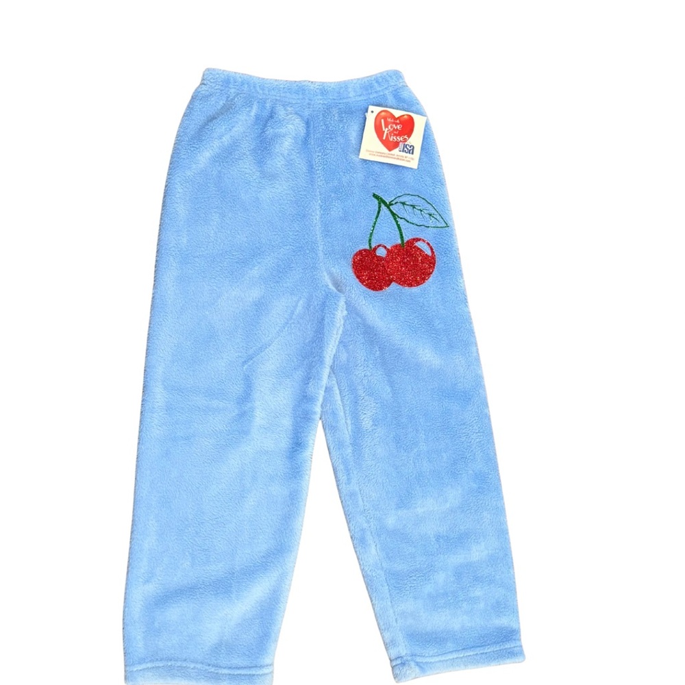 Made with Love & Kisses Light Blue “Cherry” fuzzy pajama pants girls sz 4-5 NWT